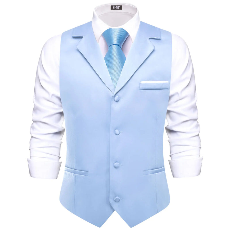 Hi-Tie Solid Black V-neck Men Vest With Tie Jacquard Tuxedo Dress Waistcoat Adjustable Jacket Casual Business Party Fashion