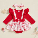 Adorable Toddler Girls Heart Print Romper Dress with Ruffles Long Sleeves and Matching Headband for Valentine s Day