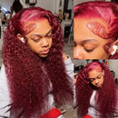 99j Burgundy Deep Wave 13x6 Lace Frontal Wig Water Wave Frontal Wig Curly Wigs 100% Human Hair  200 Density Women's Wigs 52 Inch