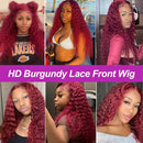 99j Burgundy 100% Human Hair Deep Wave 13x6 Lace Frontal Wig Water Wave Frontal Wig Curly Wigs  200 Density Women's Wigs 52 Inch