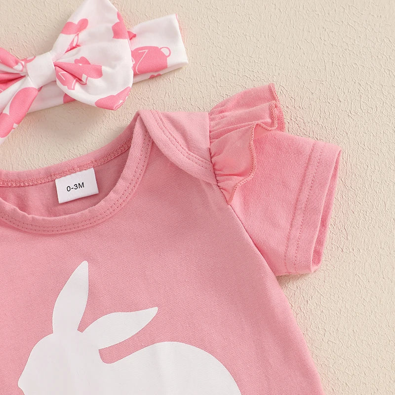 Adorable Baby Easter Outfit with Bunny Print Short Sleeve Romper Ruffled Shorts and Matching Headband - 3 Piece Set for Girls
