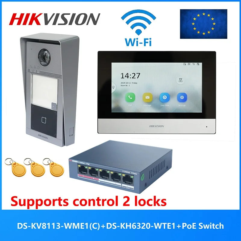 HIKVISION KIS604 Original Multi-language 802.3af POE Video intercom KIT,include DS-KV8113-WME1(C) & DS-KH6320-WTE1 & PoE Switch