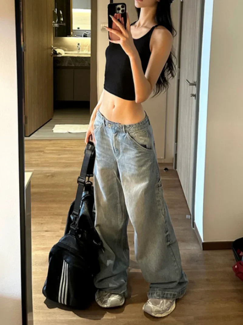 Fashion Blue Casual Wide Leg Jeans Oversized High Waisted Vintage Wash Loose Straight Trousers Korean Street Trend Y2K Pants