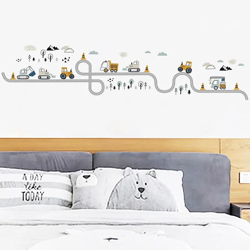 Cartoon Wall Stickers for Boys Room Decoration Traffic Track Cars Truck Tractor Bulldozer Wall Decals for Bedroom Nursery Room