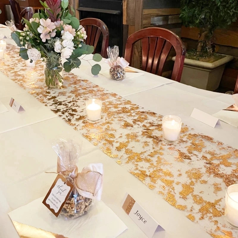 11x108 Inch  Metallic Gold Sequin Glitter Thin Mesh Table Runner Roll For Wedding Birthday Party Easter Eid Mubarak Table Decor