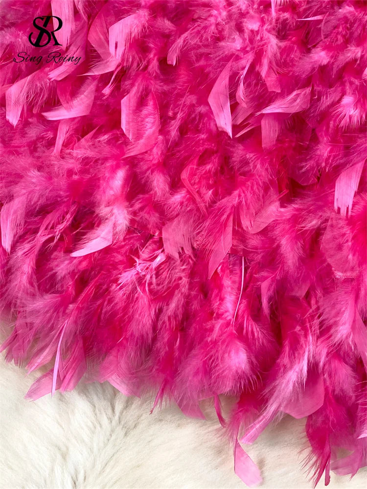 SINGREINY Senior Birthday Party Skirt High Quality Elastic Waist Mini Skirt Fairy Style Sweet Feather Splicing Ball Gown Skirt