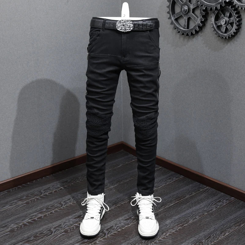 High Street Fashion Men Jeans Black Elastic Stretch Skinny Fit Ripped Jeans Men Zipper Designer Hip Hop Denim Punk Pants Hombre
