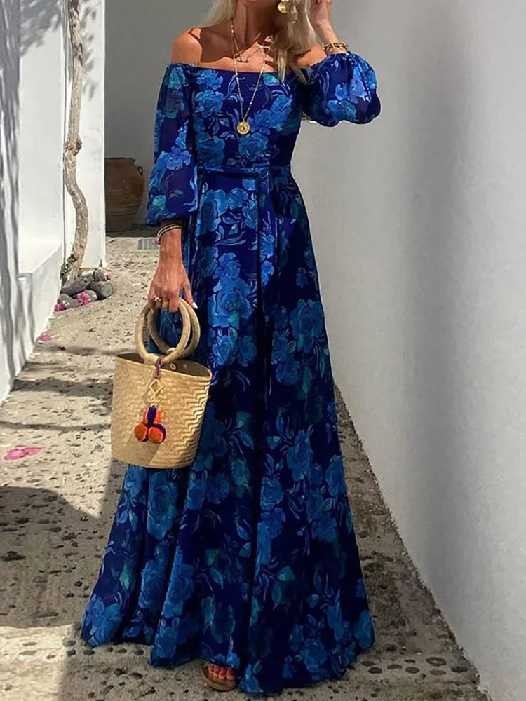 Three Quarter Lantern Sleeve Elegant Party Dress, Women Spring Summer Slash Neck Maxi Dress, New Printing Patchwork Ladies Dress