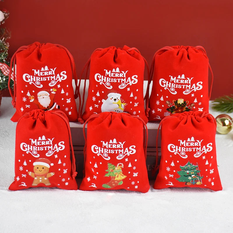 5pcs Red Christmas Velvet Bags Advent Calendar Drawstring Pouch Candy Snack Gift Bag Xmas Jewelry Packing Storage Bags New Year