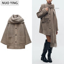 Women's Knitted Cardigan with Scarf Slim Casual Jacket Long Sleeve Patchwork Pocket Jacket Elegant Office Women's Sweater