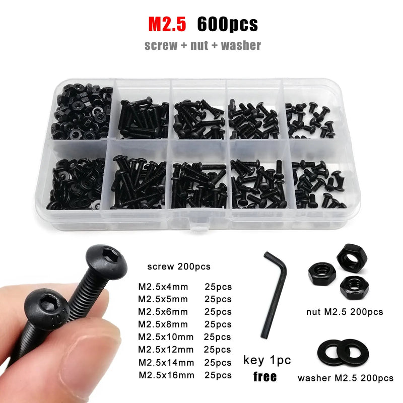 M1.6 M2 M2.5 M3 M4 M5 M6 M8 Black Grade 10.9 Steel Allen Hexagon Hex Socket Button Round Head Screw Bolt Nut Washer Kit Set Box