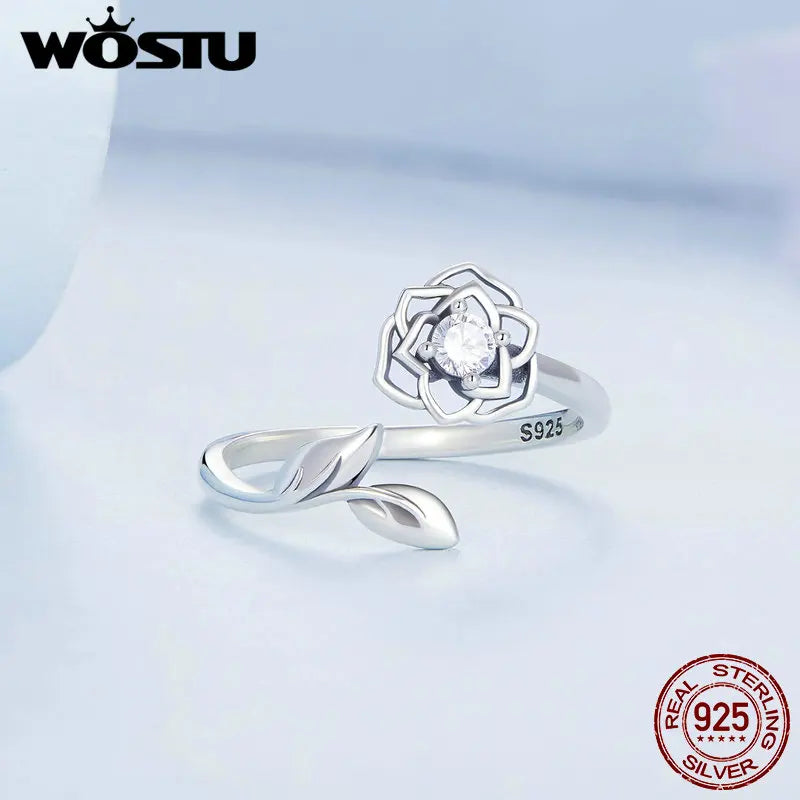WOSTU 925 Sterling Silver Camellia Flower Open Rings For Women AAA Clear Zircon Adjustable Ring Wedding Engagement Jewelry Gift