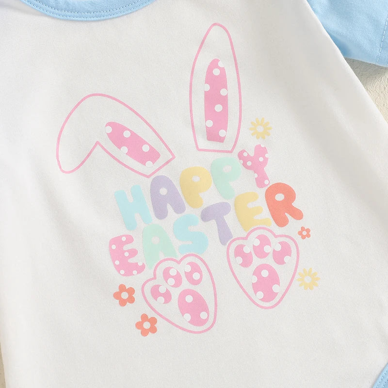 0-18M Baby Boy 3PCS Easter Outfits Short Sleeve Letter Romper with Bunny Egg Pattern Pants and Hat Newborn Sets