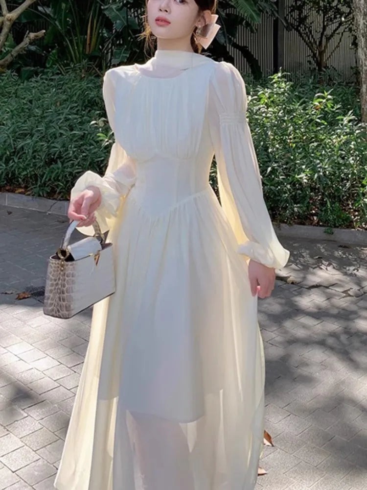 Women French White Chiffon Dresses Summer Elegant Sleeve Slim Puff Sleeve bodycon Gentle Fairy Short Dress