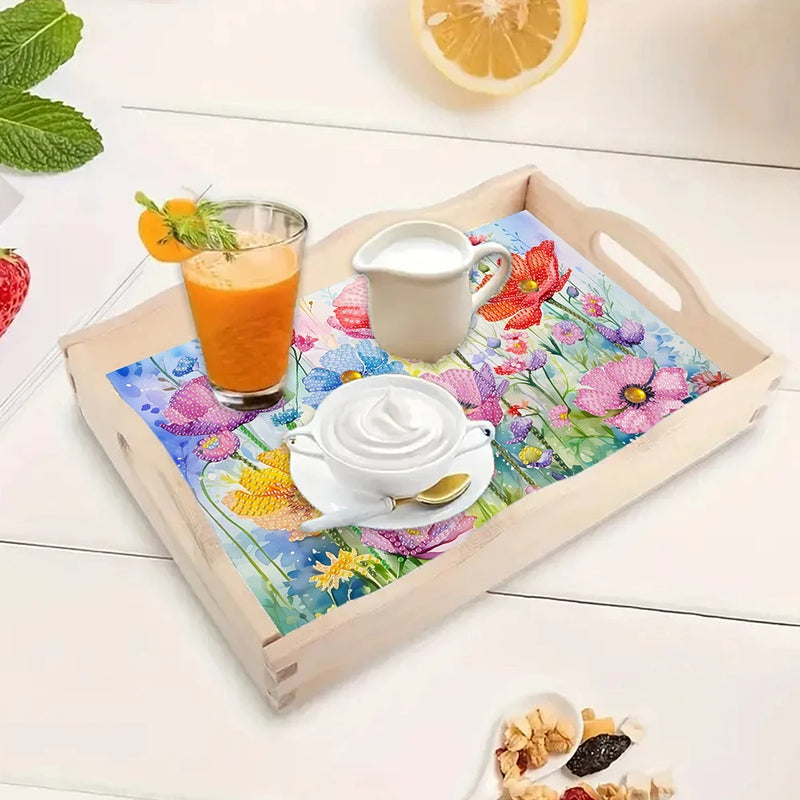 Wooden Animals Flowers 5D DIY Diamond Painting Serving Tray with Handle DIY Diamond Painting Food Tray Kit for Coffee Table