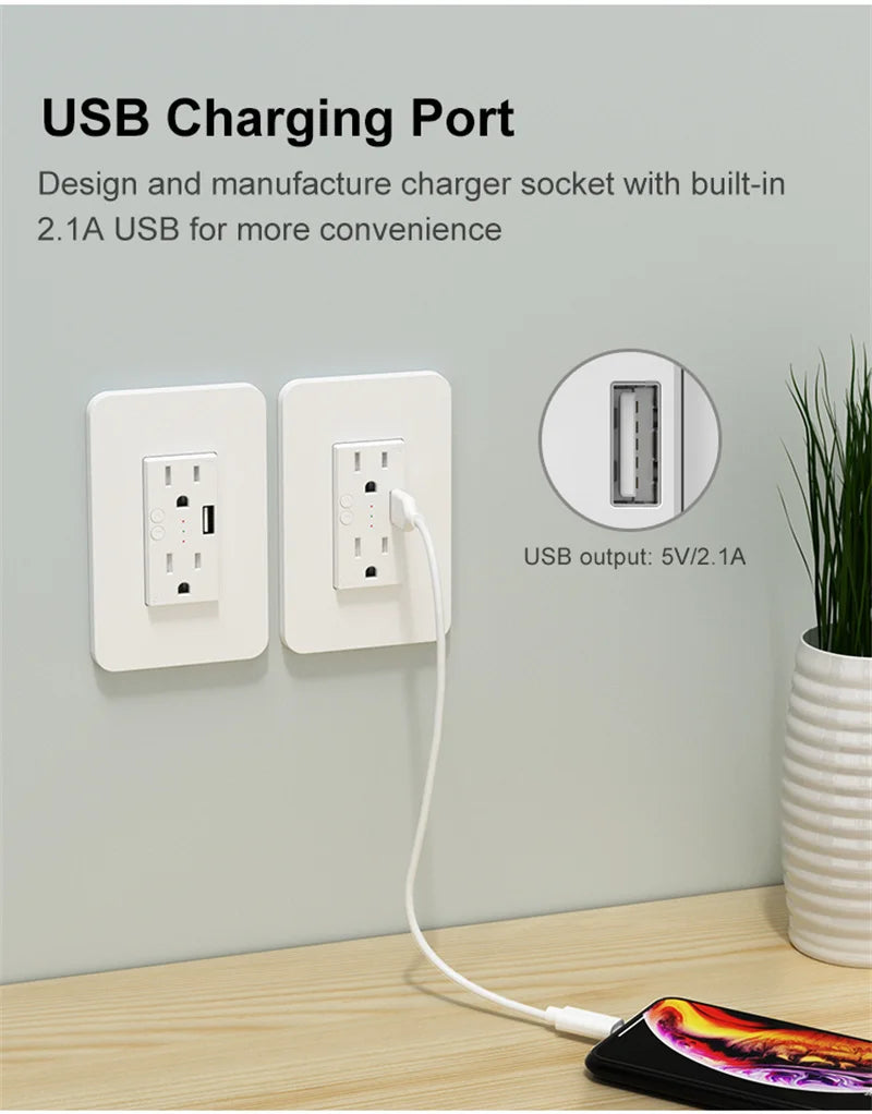 Milfra Wifi Smart Socket Double Wall US Plug Power Outlet with USB Charging Port ON/OFF Tuya Smart Life APP Voice Remote Control