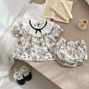 2PCS Summer Floral Baby Girl Suit New Autumn Fashion Lace Bow Baby Girls' Set Peter Pan Collar Shirt and Shorts Princess Outfits