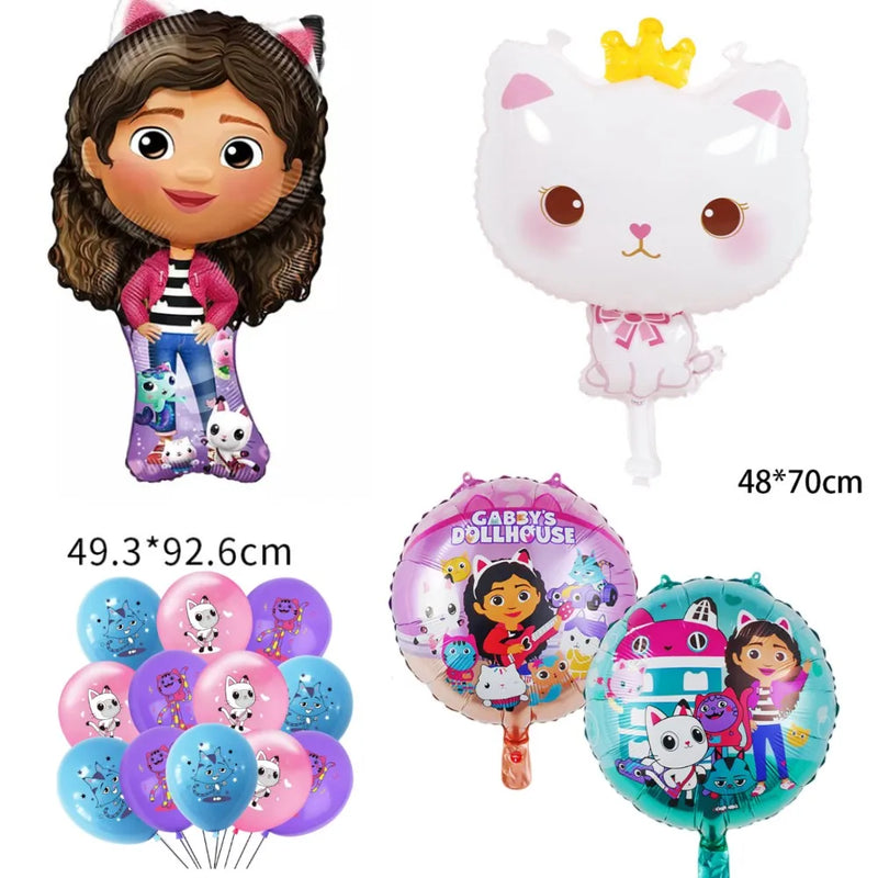 New Gabby Dollhouse Cats Birthday Party Decoration Balloon Pink Cartoon Tableware Backdrop Baby Shower Kids Girls Party Supplies