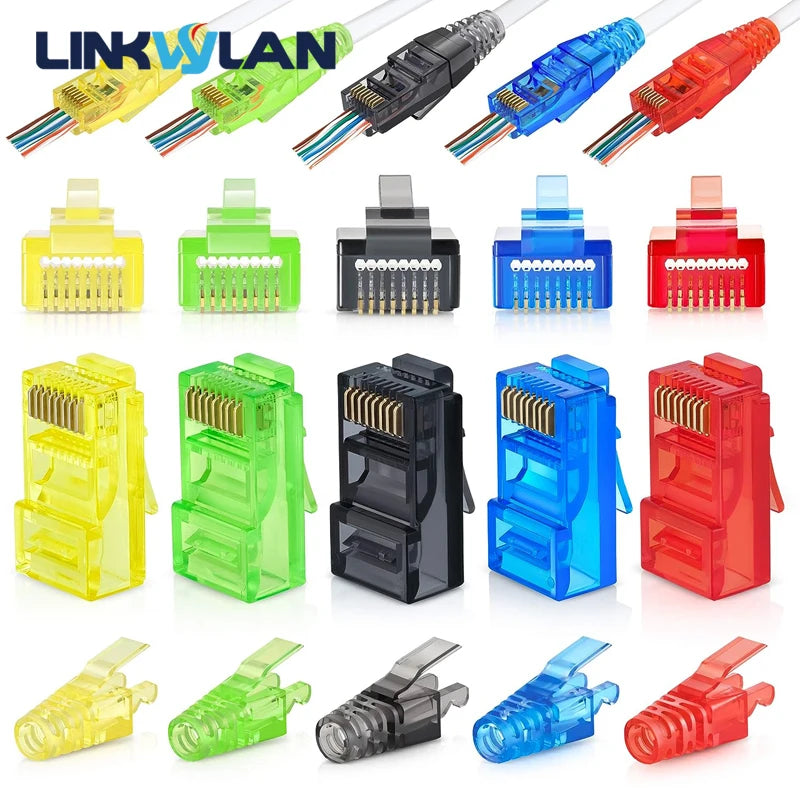 Linkwylan RJ45 Cat6 Pass Through Connectors Assorted Colors EZ to Crimp Modular Plug for Solid or Stranded UTP Network Cable