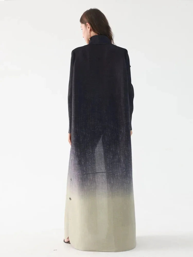 Miyake Pleated Printed Women Trench Coat Retro Design Loose Large Size Cardigan Long Dress 2024 New Female Luxury Robe