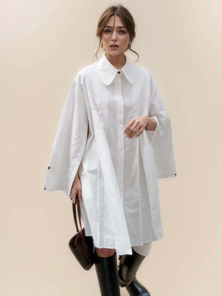 DEAT Fashion Women Shirt Dress Lapel Loose Single Breasted 65% Cotton Long Slevee Overknee Pleated Dresses Spring 2025 7AB2799