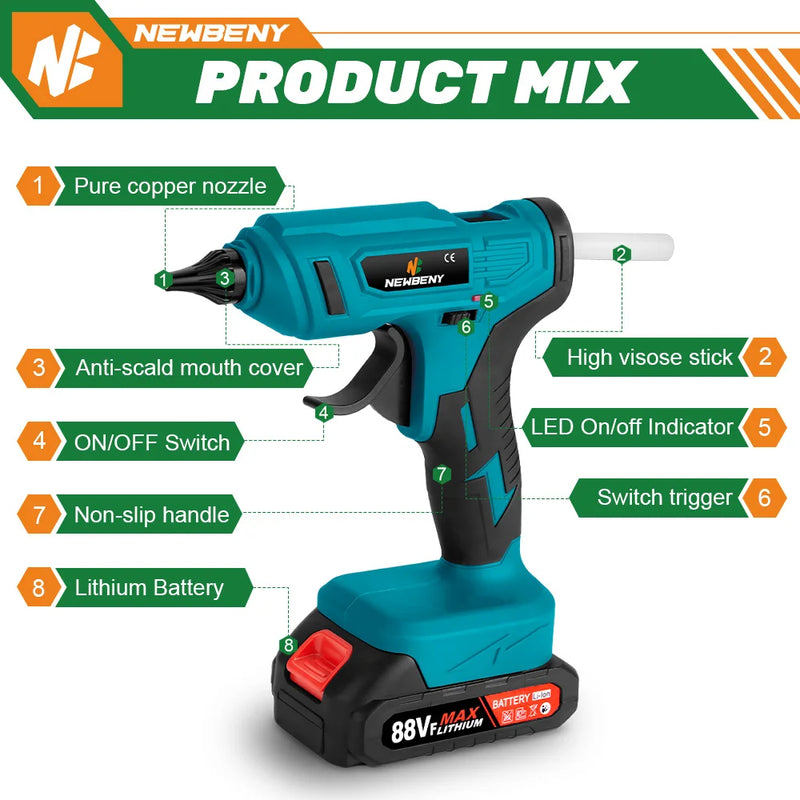 NEWBENY 100W 280°C Cordless Hot Melt Glue Gun Portable Rechargeable with Glue Sticks DIY Repair Tool For Makita 18V Battery Pin