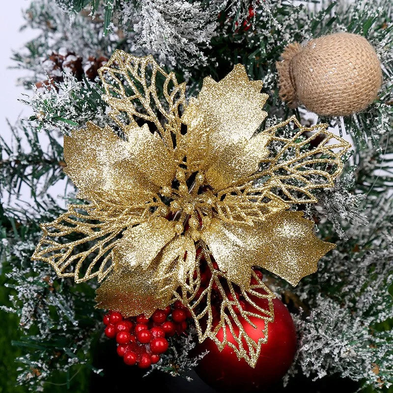 5/10Pcs 9CM Christmas Decoration Artificial Flowers Xma Tree Pendant Ornaments Home Decor Navidad New Year 2025 Party Supplies