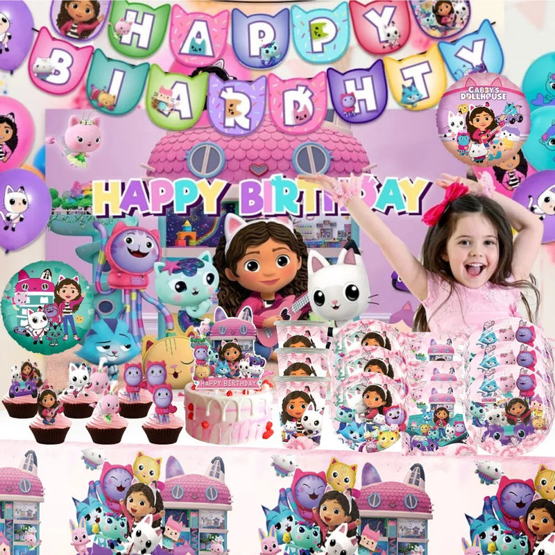 New Gabby Dollhouse Cats Birthday Party Decoration Balloon Pink Cartoon Tableware Backdrop Baby Shower Kids Girls Party Supplies