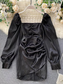 New Spring Autumn Women's Satin Dress Retro Black Pink White Square Neck Long Sleeve Mini Dresses for Women GD580