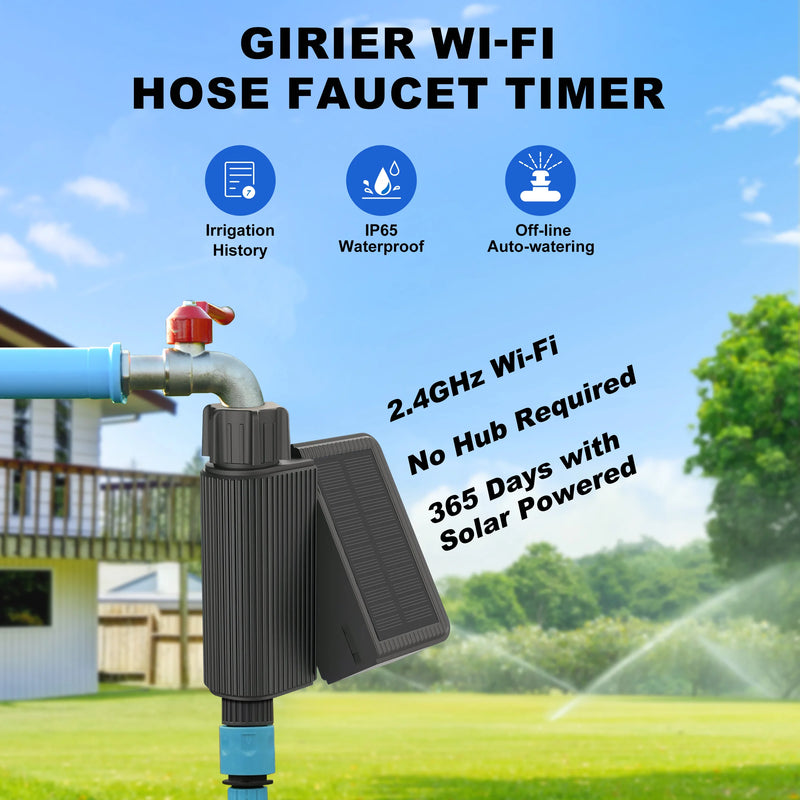 GIRIER Smart Water Timer Solar Powered WiFi Sprinkler Timer with Brass Inlet Automatic Irrigation Controller No Hub Required