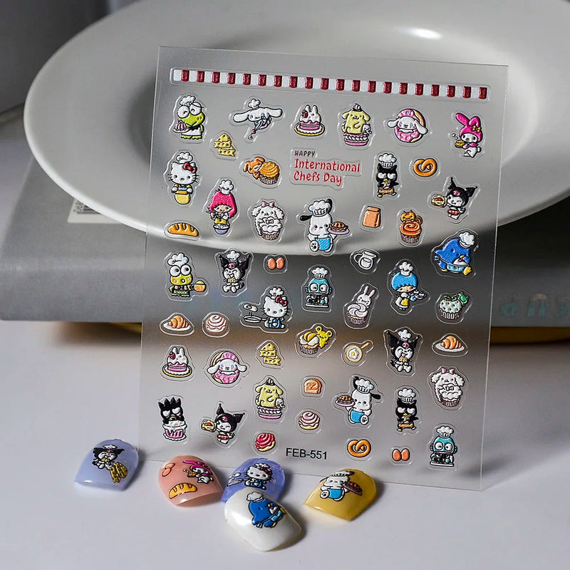 1PCS 5D Cartoon Kuromi Hello Kitty Nail Stickers Sanrio Animation Nail Art Decoration Sanrio Cute Melody Embossed Stickers