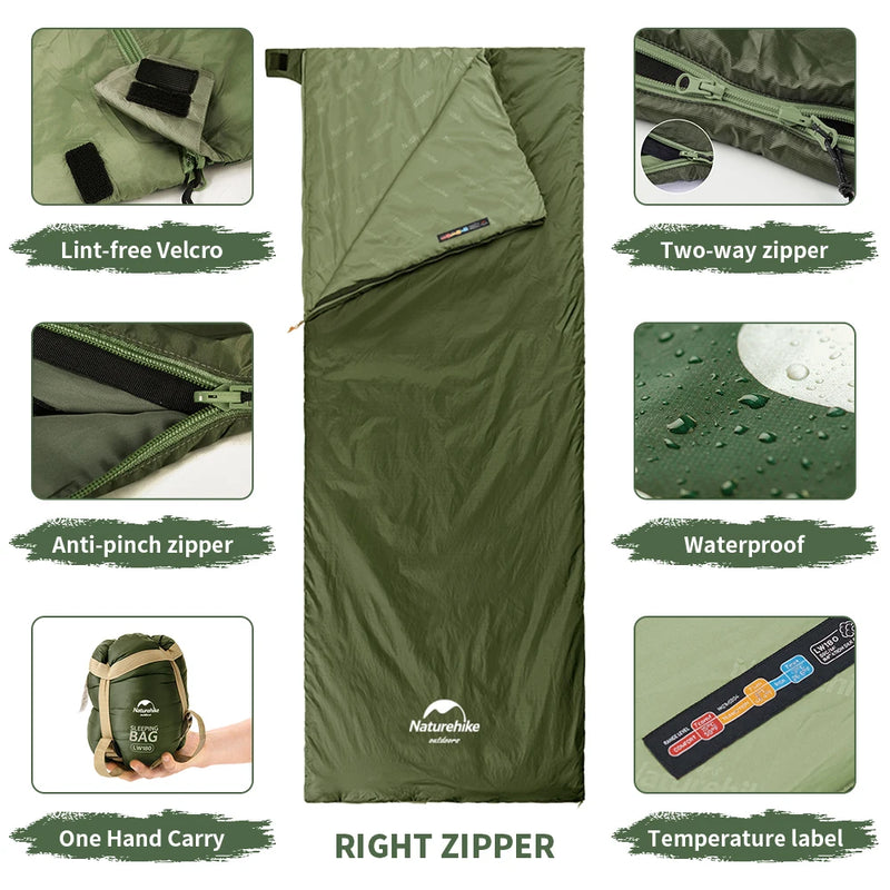 Naturehike Camping Sleeping Bag LW180 Envelope Portable Outdoor Hiking Ultralight Waterproof Backpacking Cotton Sleeping Bag