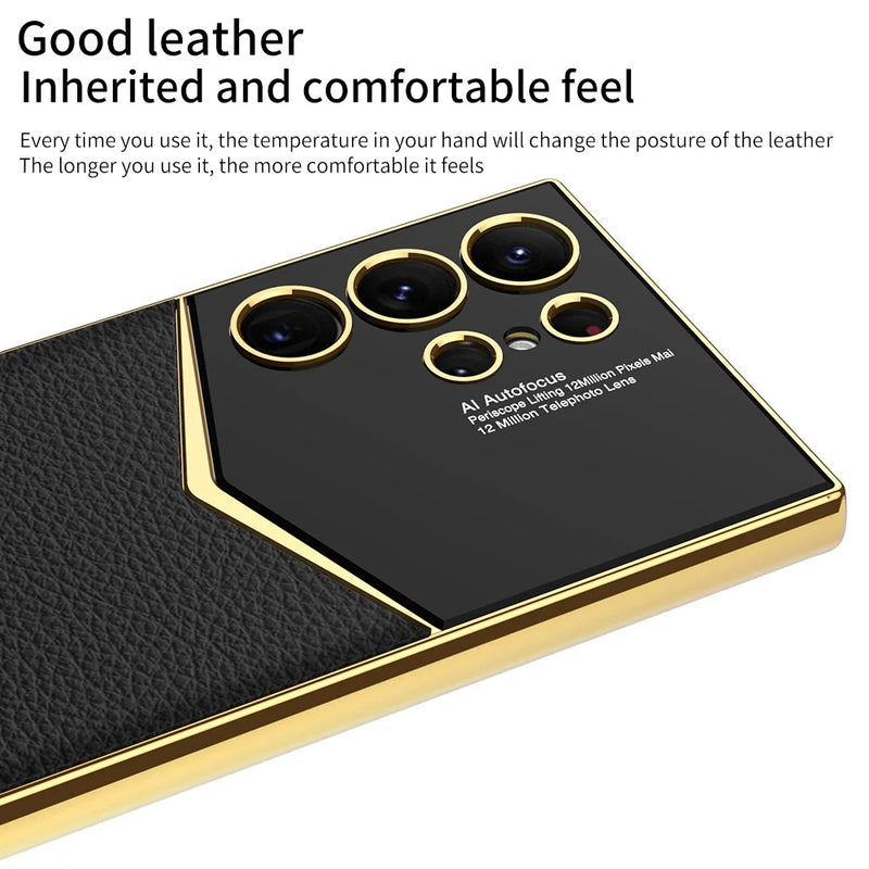 For Samsung Galaxy S24 S23 Ultra Case Luxury Leather Gold Electroplating Frame Cover Soft Edge Protection Case For S24Ultra