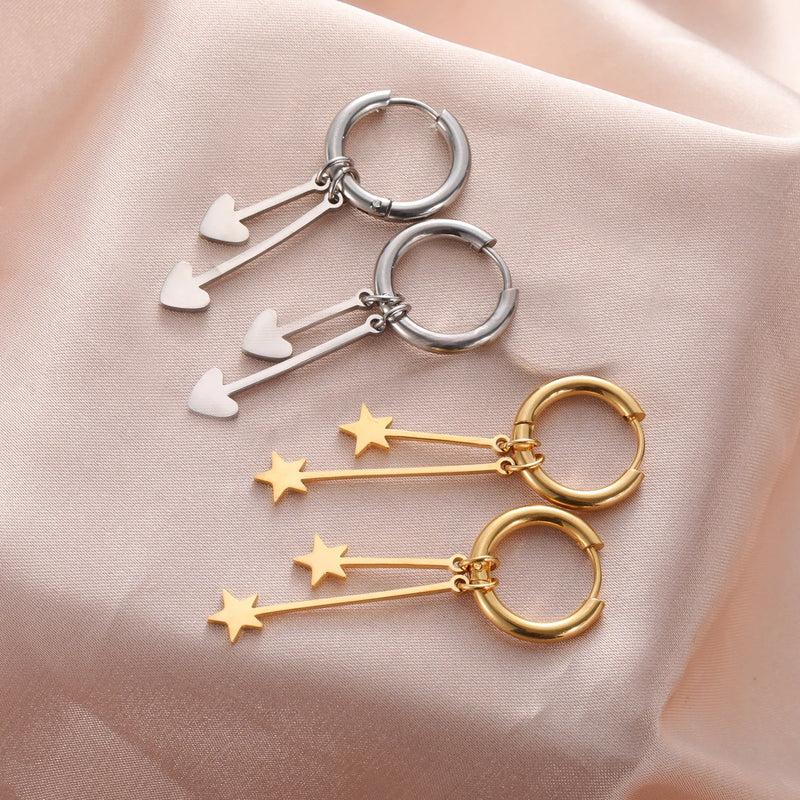 Skyrim Stainless Steel Gold Color Hoop Earrings Women Heart Star Saturn Pendant Tassel Earrings Fashion Jewelry Christmas Gift