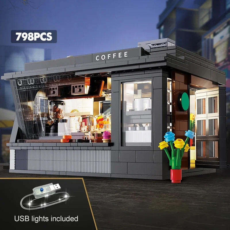 Creative Street Scene Modular Buildings LED Cafe Store Model 768PCS Building Blocks Brick Toys for Children Birthday Gift Set