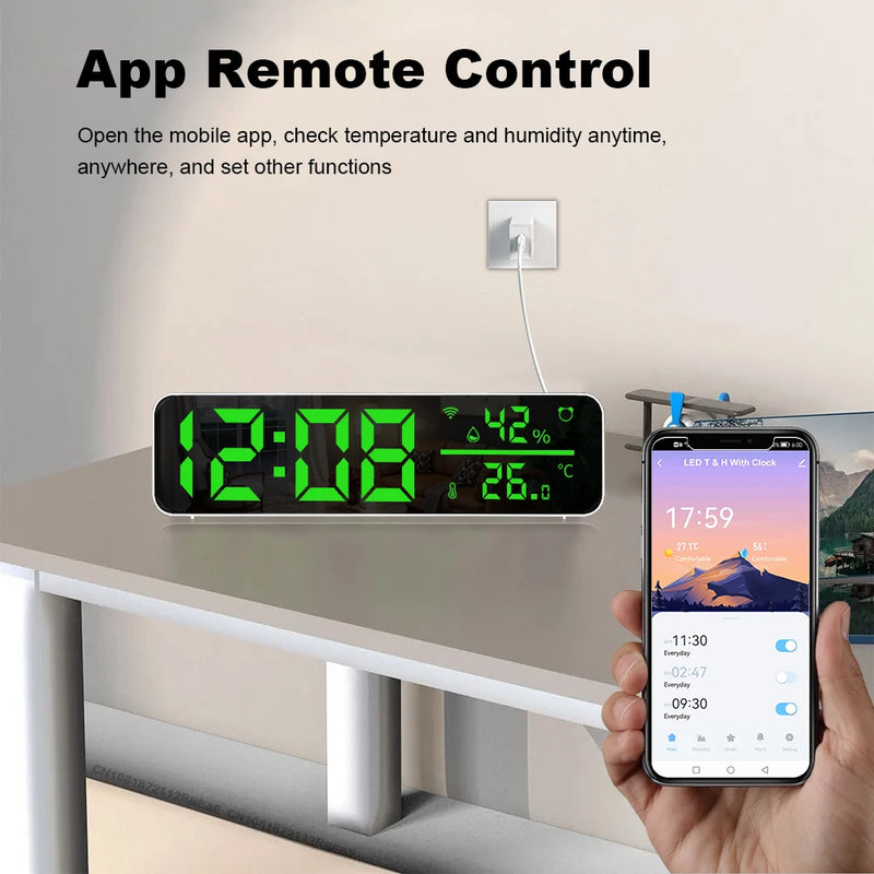 Tuya WiFi Temperature Humidity Sensor Support Time Alarm Clock Display USB Desktop Mirror LED Clocks for Living Room Decoration