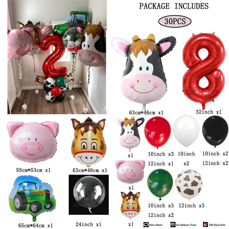 30pcs Farm Theme Green Tractor Cow Pig Inflatable Balloons 32inch Red 1-9 Number Balloon Happy Birthday Party Decor Baby Shower