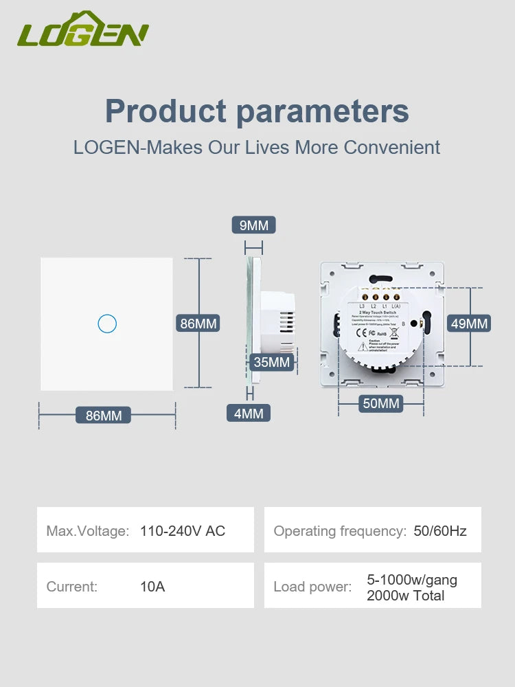 Logen Double-touch Switch 1/2/3Gang 2 Way Stair Switch EU Standard Need't Neutral Wire Glass Panel Wall Switch Stair Switch