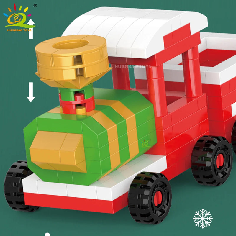 HUIQIBAO Christmas Tree Train Santa Claus Model Micro Building Blocks Elk Elves Snowman Mini Bricks Xmas Gifts Toys for Children