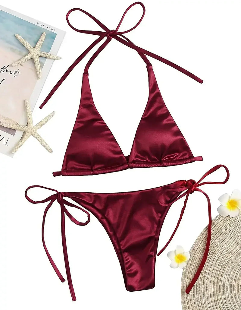 Sexy Women's Metallic Halter Top Two Piece Swimsuit Tie Side Triangle Bikini Summer Solid Bathing Suit Beachwear Bikini Set