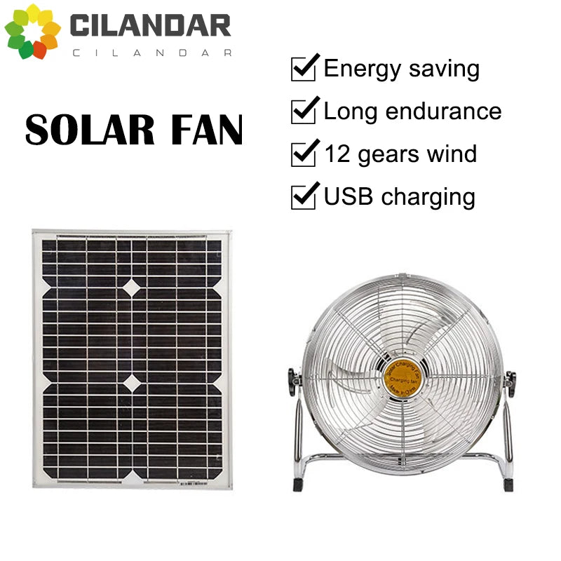 2024 New Household solar fan 12-speed large wind outdoor portable camping fan USB mobile phone fishing light charging