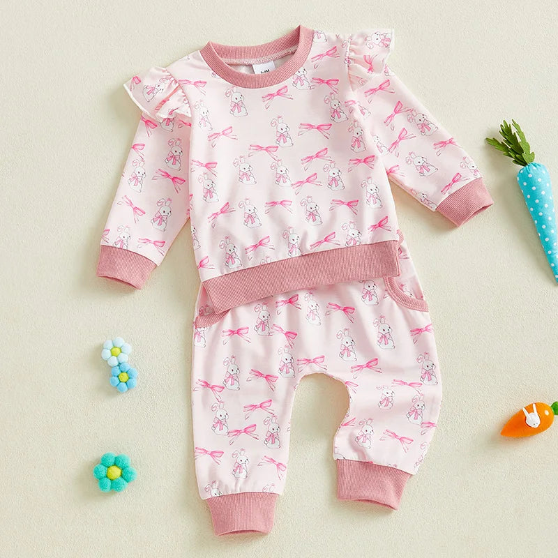 Adorable Baby Girl Easter Outfit Pink Floral Print Ruffle Sleeve Top Bowknot Elastic Waist Pants 2 Piece Set