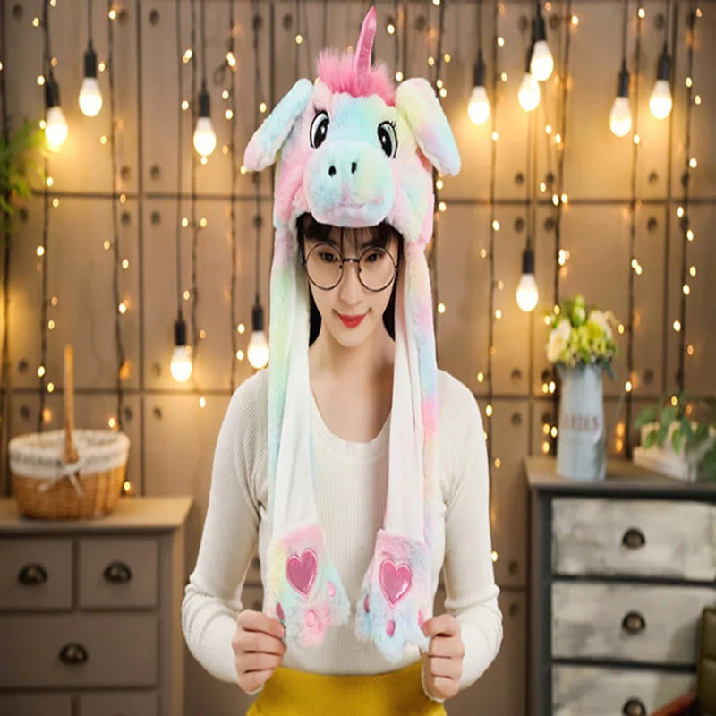 Cute Bunny Ears Hat Moving Pikachu Rabbit Soft Jumping Up Cap Funny Toy Girls Cartoon Kawaii Plush Hat Toys Gift for Adult Kids