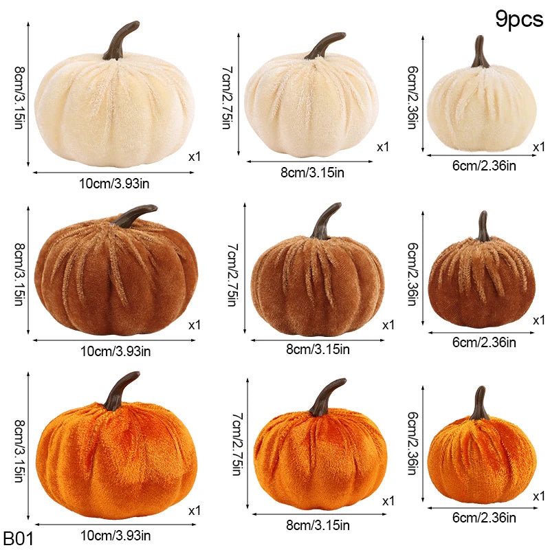 9Pcs Velvet Artificial Pumpkin Ornaments Halloween Party Thanksgiving Dinner Table Decoration Autumn Fall Home DIY Craft Wreath