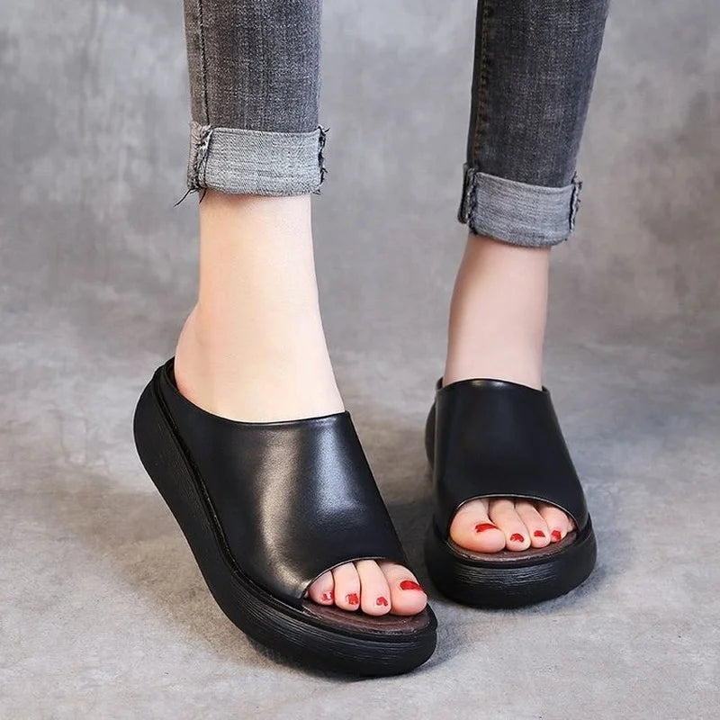 New Women Slippers Summer Leather Shoes Platform Slippers Women Black Zapatillas Mujer