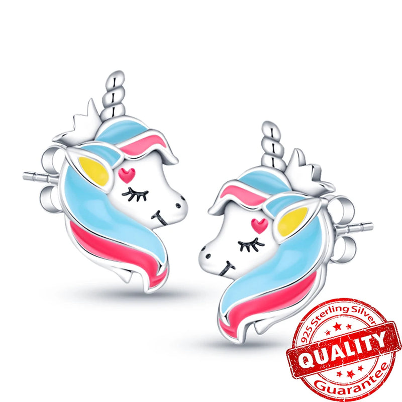 Pure Sterling Silver Colorful Unicorn Stud Earrings Hoop Earrings for DIY Women Party Fine 925 Silver Jewelry