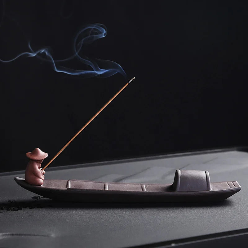 1pc Incense Stick Holder, Zen Meditation Purple Clay Fisherman Fishing Incense Stick Holder Home Decor (Without Incense)