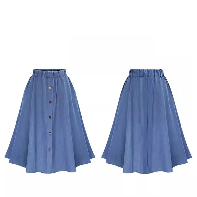 Women Vintage Cowboy High Elastic Waist Button A-Line Pleated Knee Length Blue Denim Skirts HFDZ-650