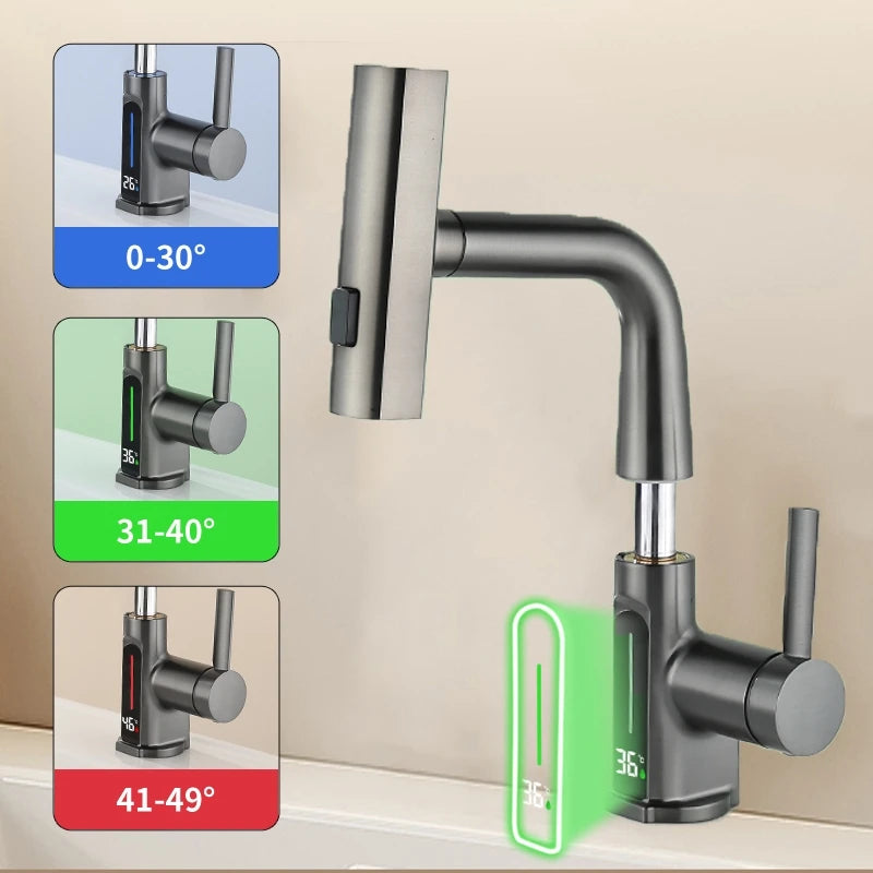 Temperature Digital Display Wash Basin Faucet Pull Out Taps Hot Cold Water Mixer Wash Tap For Bathroom