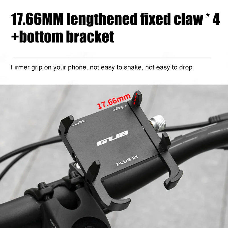 GUB PLUS 21 Motorcycle Bike Phone Holder Aluminum Alloy Clip Phone Stand Rotatable Adjustable Anti-slip for 22.2-32mm Handlebar